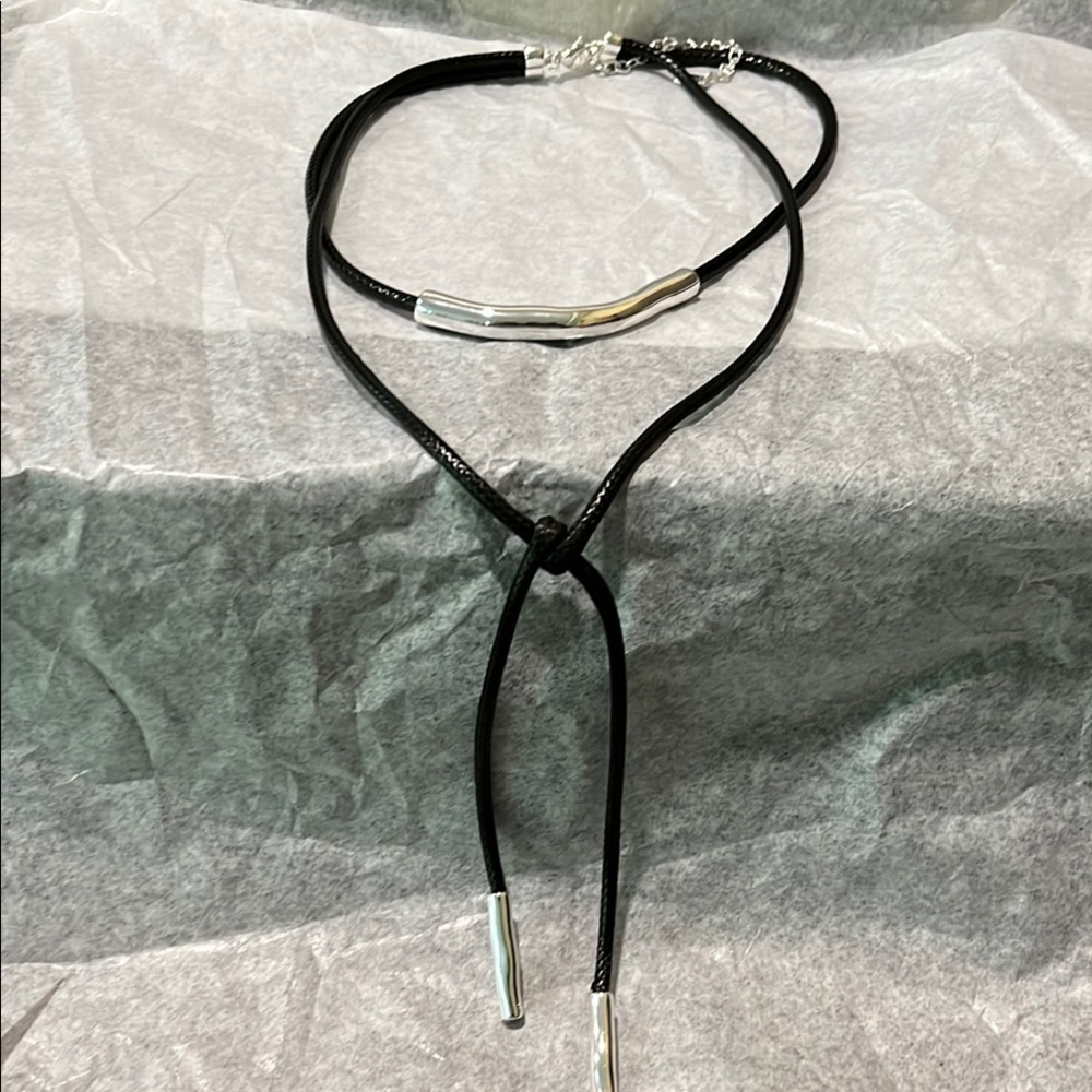 Black and Silver Layered Necklace with Lariat Design